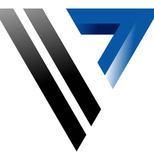 Stylized graphic combining black and blue geometric shapes resembling the letter "W" and the number "7" overlapping each other, with a 3D effect on a plain background. This unique design