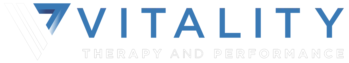 Logo of physical therapy and vitality, featuring the word "vitality" in bold blue letters with a stylized blue triangle above the "v".