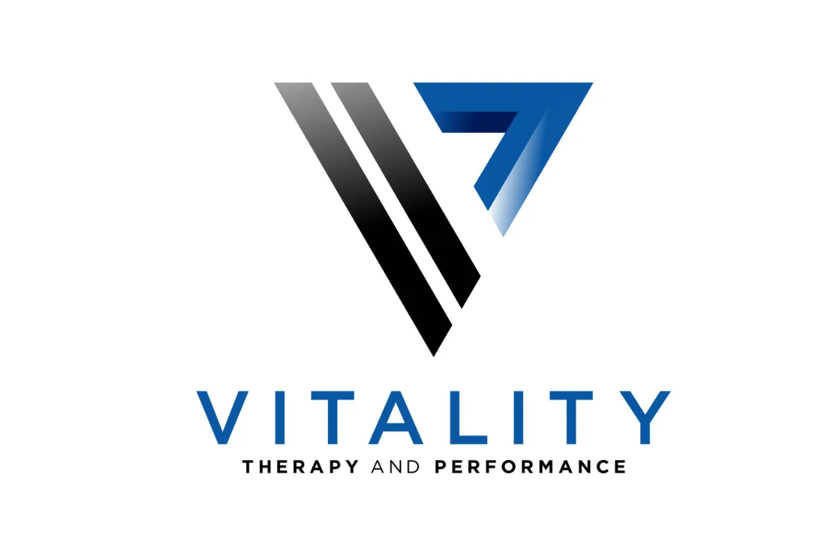 Logo of "vitality physical therapy and pelvic health" featuring a stylized letter "v" in black and blue above the company name and tagline in blue and gray typography.