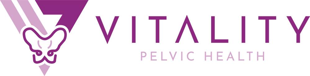 Logo of physical therapy & pelvic health featuring a stylized blue letter 'v' next to the words 'vitality' in blue and 'pelvic health' in gray, with a graphic of