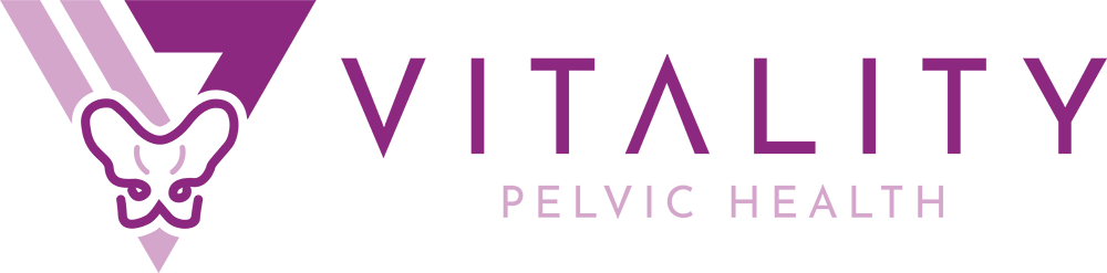 Logo of physical therapy & pelvic health featuring a stylized blue letter 'v' next to the words 'vitality' in blue and 'pelvic health' in gray, with a graphic of