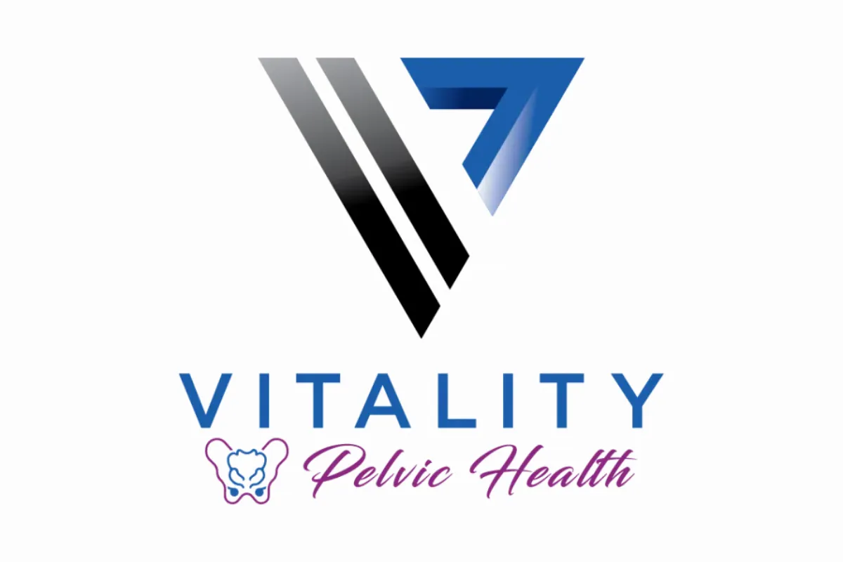 Logo for Vitality Therapy featuring a stylized blue arrowhead alongside a black oblique shape, with the text "Vitality Therapy" and a small icon of a pelvic bone.