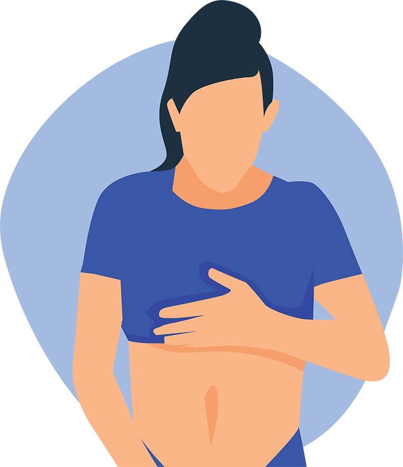 A graphic illustration of a woman with a dark bun, wearing a blue top, holding her stomach as if in pain related to pelvic health, against a plain blue background.