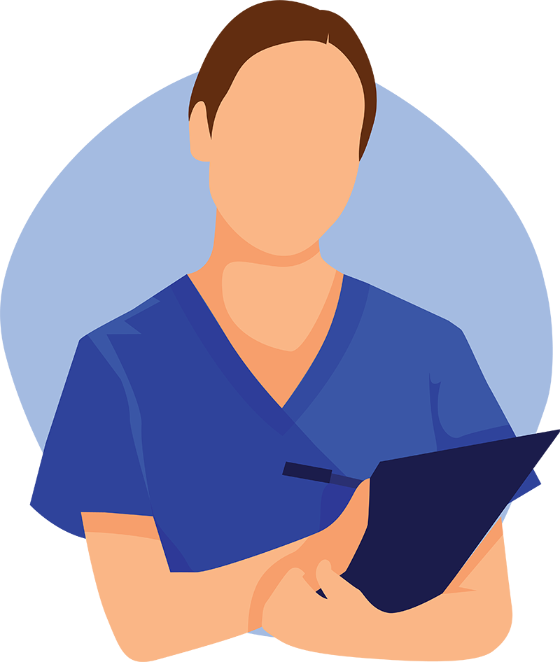 Illustration of a physical therapy healthcare worker with short hair, wearing a blue scrub top, writing on a clipboard. The background is a simple, solid light blue.