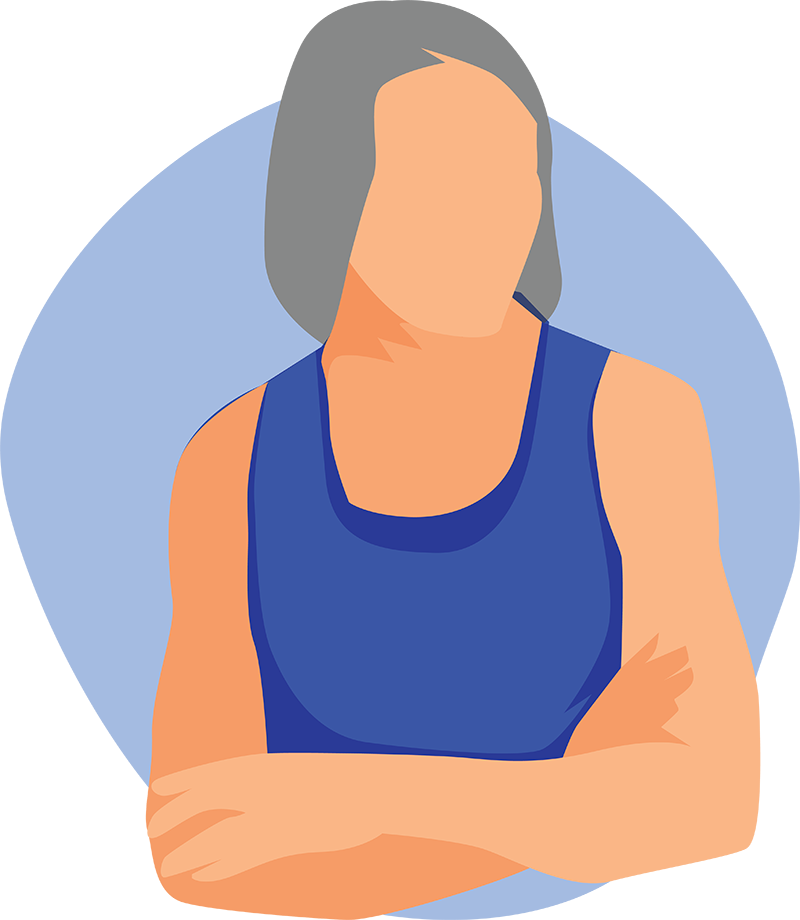 Illustration of a person with gray hair in a blue tank top, seated and crossing arms, set against a light blue background, possibly awaiting a physical therapy session.