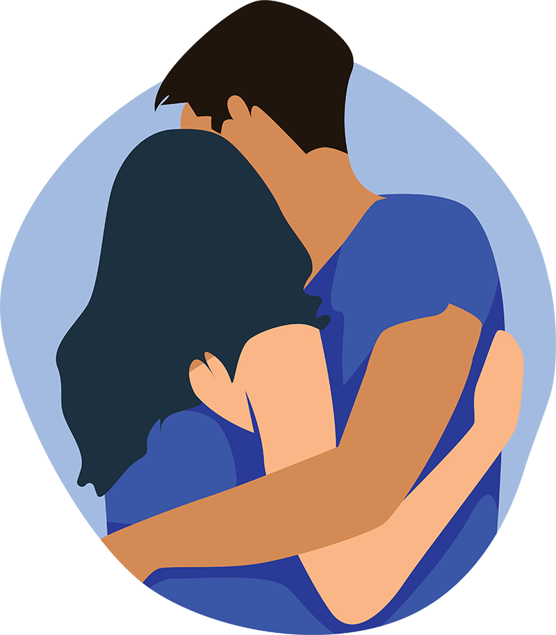 A vector illustration of two people engaging in a physical therapy exercise, embracing each other supportively against a simple blue background. One has short black hair and the other long black hair, both wearing blue tops