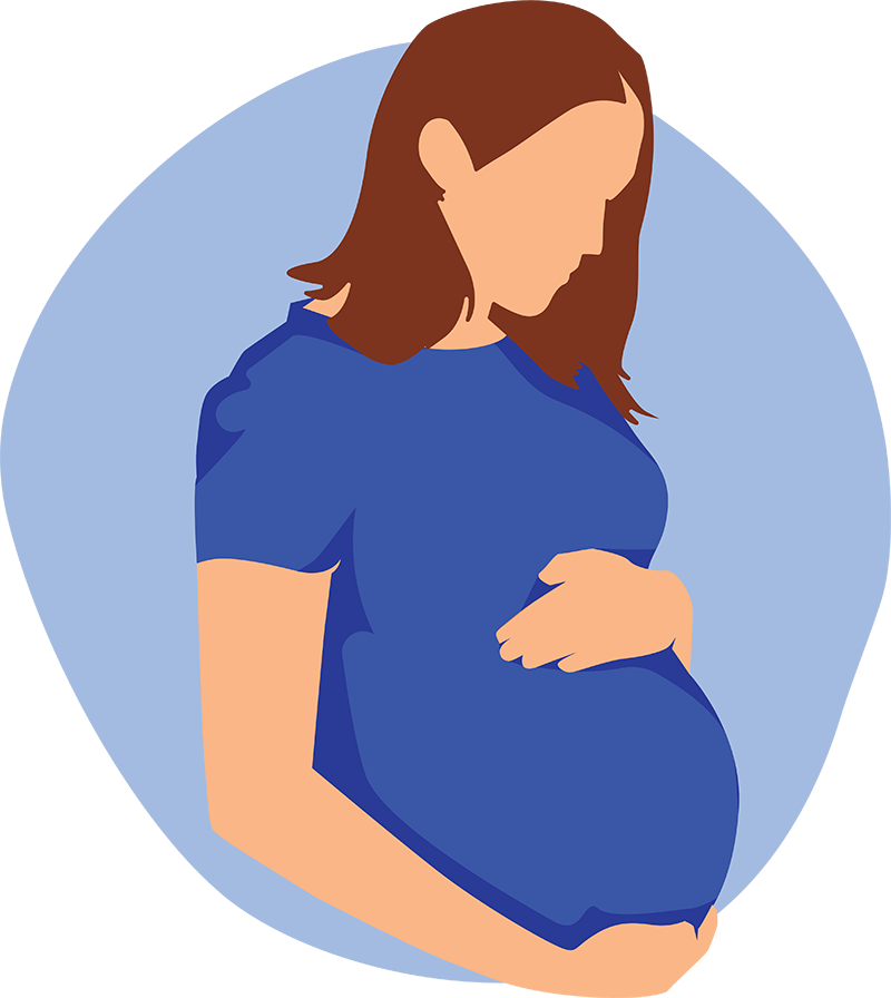 Illustration of a pregnant woman in profile, wearing a blue top and touching her belly gently, set against a light blue background, symbolizing pelvic health.