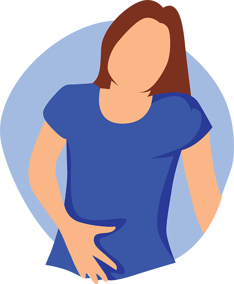 A stylized illustration of a woman in a blue shirt against a light blue background, featuring smooth, simplified forms without facial details, symbolizing concepts related to pelvic health.