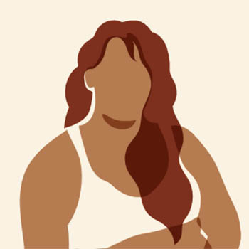 Illustration of a woman with long, flowing brown hair, depicted in a minimalist style with soft earth tones. She is wearing a sleeveless top and appears to be in a thoughtful pose, reflecting on