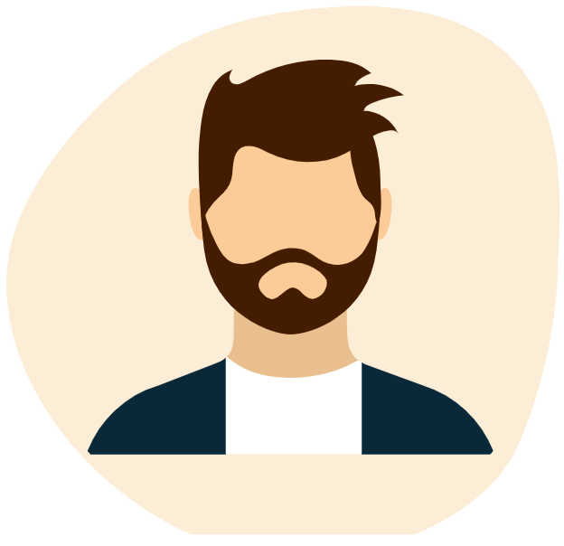 Flat vector icon of a man with a dark beard and trendy hairstyle, wearing a blue shirt on a cream background, symbolizing physical therapy.