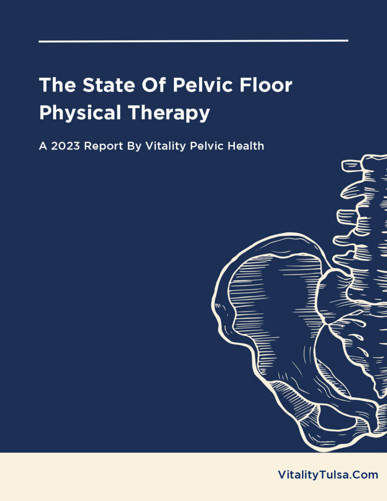 The cover for "the state of pelvic floor physical therapy," a 2023 report by Vitality Pelvic Health, featuring a white skeletal illustration of the pelvic area on a navy blue background.