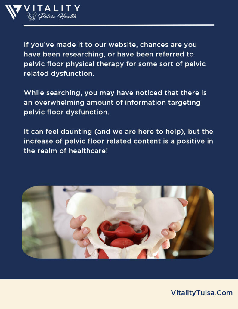 An infographic by Vitality Tulsa promoting pelvic health physical therapy, featuring hands holding a pelvic bone model with a red highlight on muscles, alongside informative text.