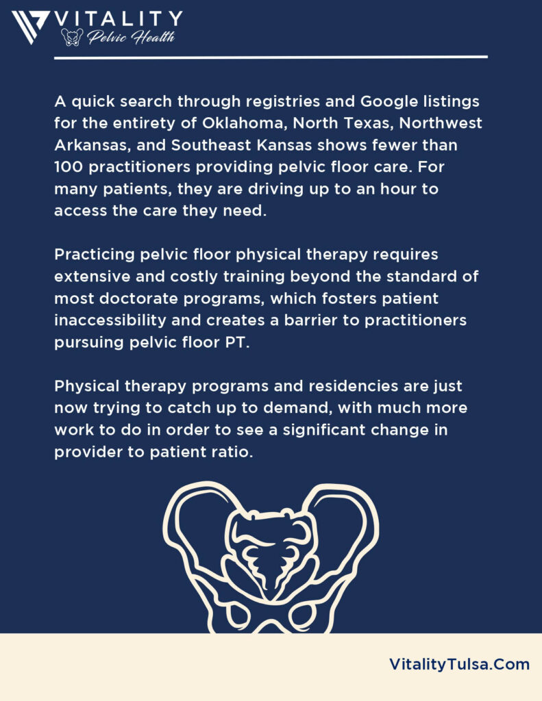 The image features a logo for Vitality Tulsa, consisting of a stylized elephant with interconnected line art and text beneath about the company focusing on pelvic health physical therapy.
