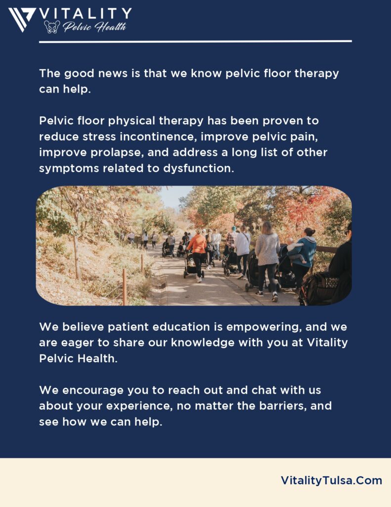 A group of five people enjoy a leisurely bicycle ride together on a sun-dappled path surrounded by lush greenery, promoting the message of physical therapy and pelvic health.