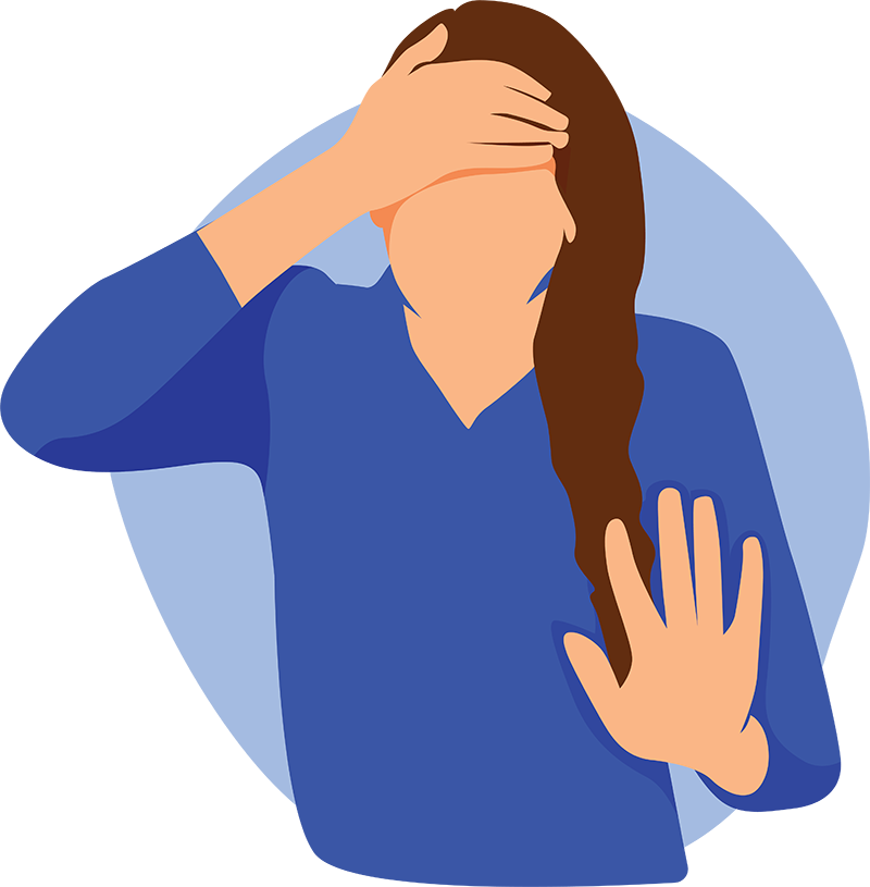 Illustration of a person in a blue shirt covering their face with one hand and gesturing stop with the other hand, conveying a sense of distress or refusal in a physical therapy context.