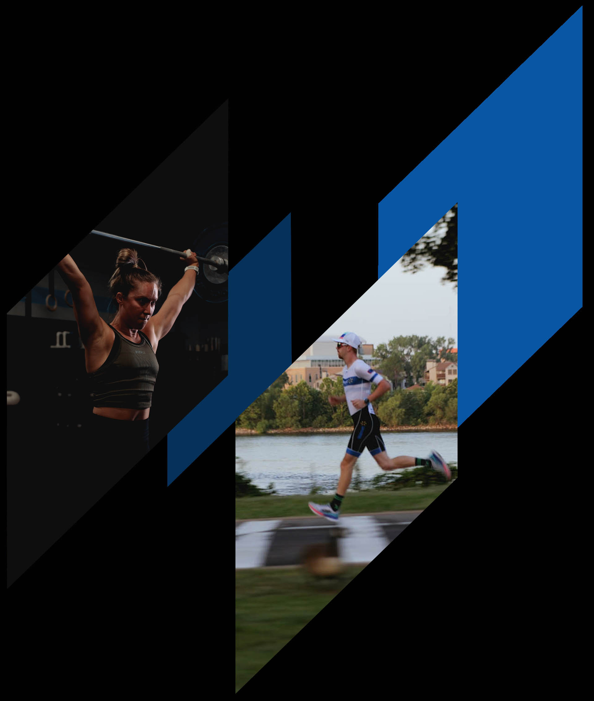 Split image showcasing a woman engaging in physical therapy by weightlifting in a gym on the left and a man running outdoors by a river on the right, divided by a blue zigzag pattern.