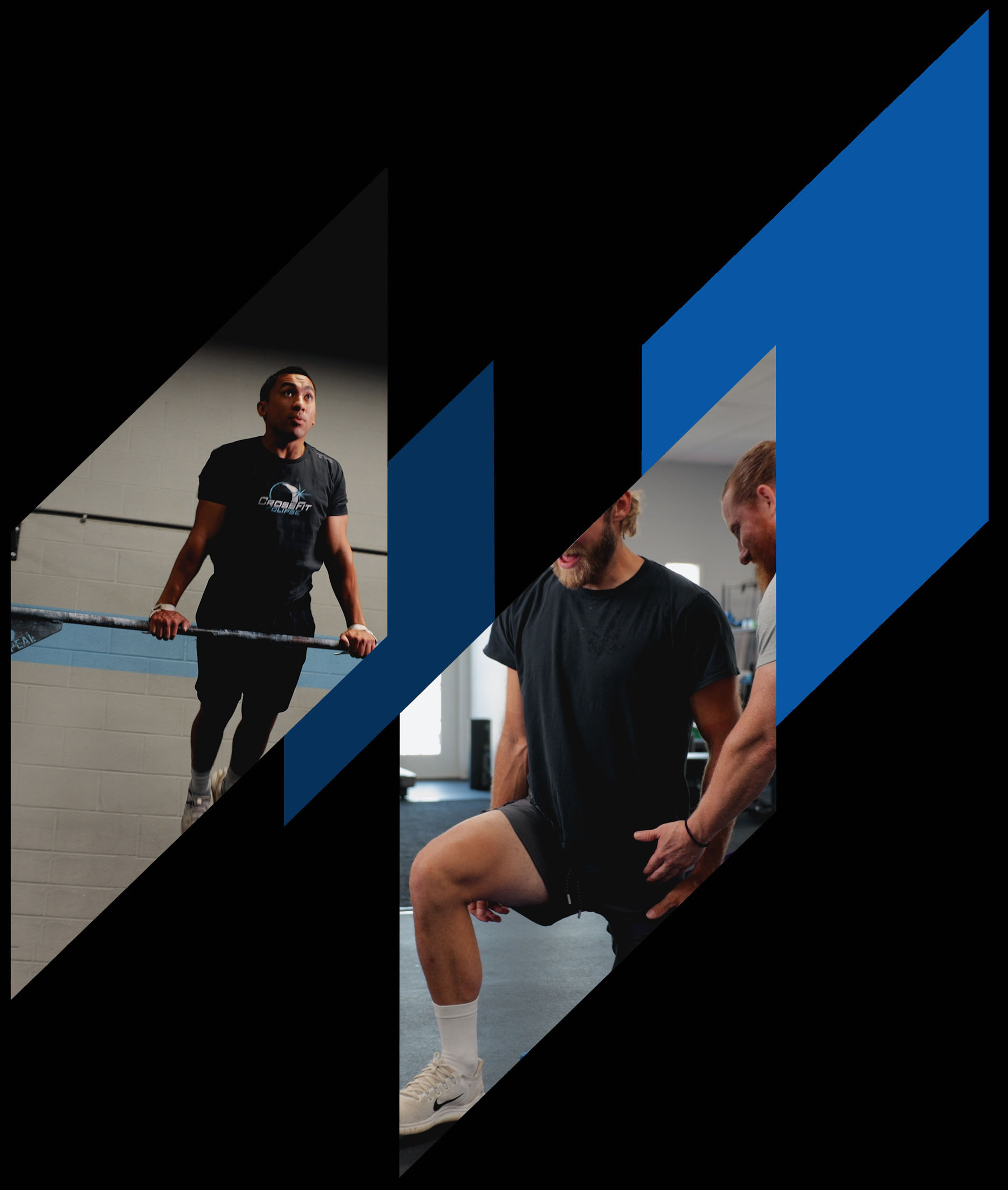 A stylized image collage of two scenes: on the left, a young man in a gym partakes in physical therapy exercises; on the right, two men engage in a focused conversation about pelvic health